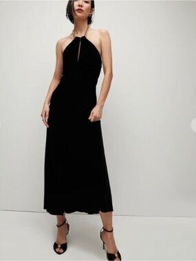 VERONICA BEARD
Josette Black Velvet Halter Midi Dress w Chain Detail Sz 0 NWOT